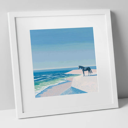 Coastal Solitude horse landscape art print in white frame