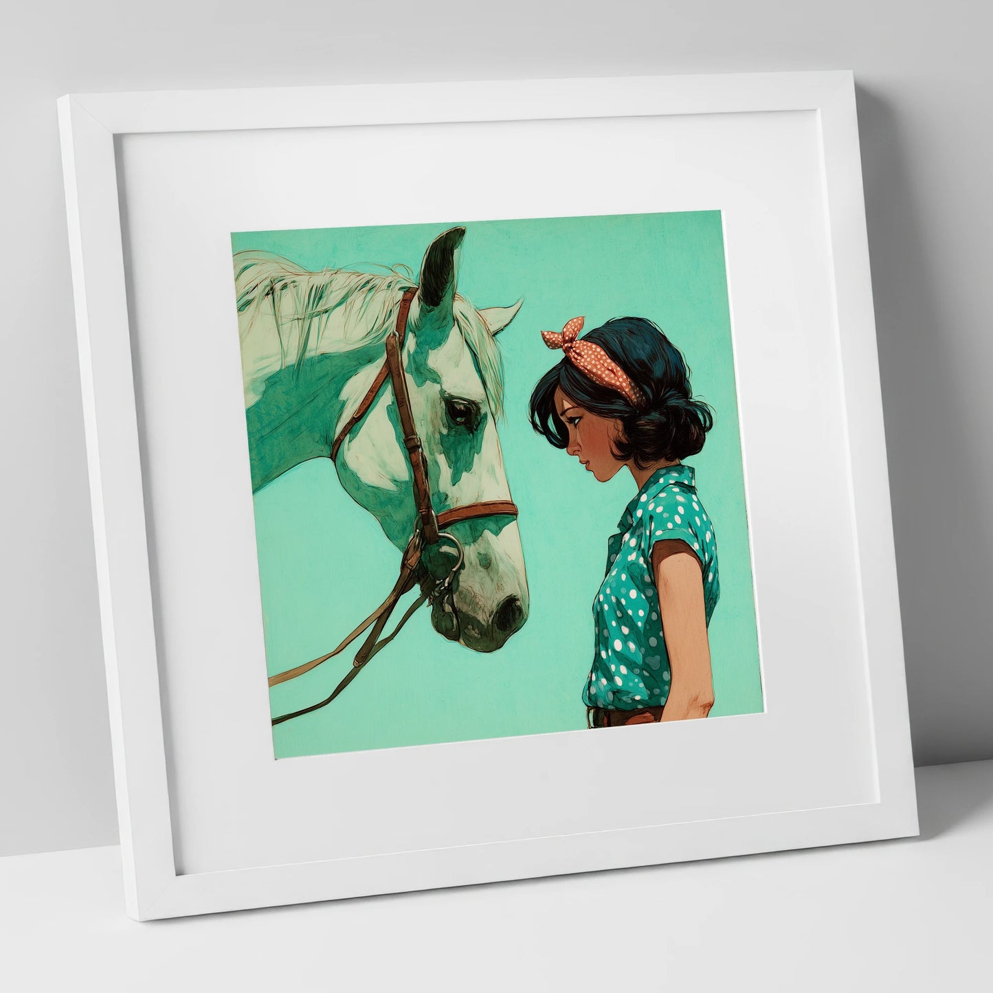 The Quiet Exchange horse & rider art print in white frame