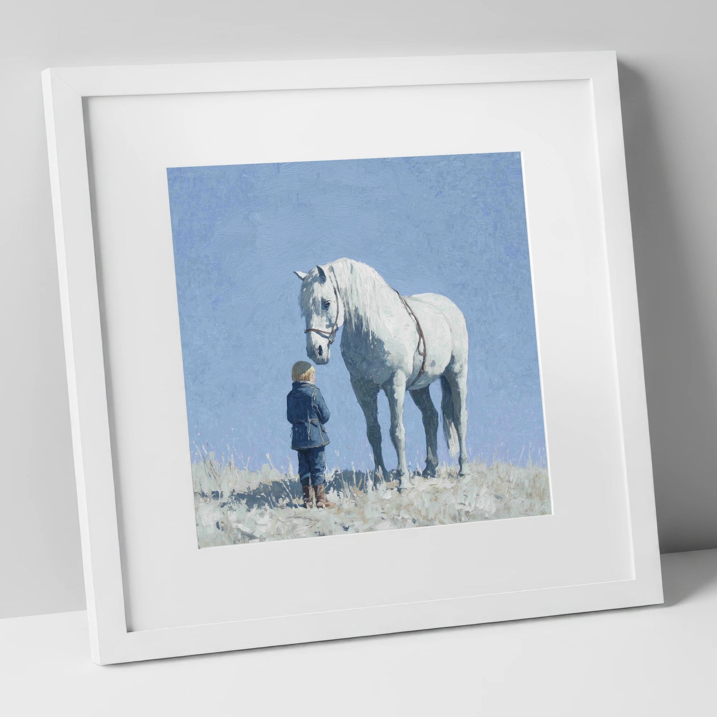 A Quiet Trust horse & rider art print in white frame