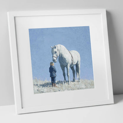 A Quiet Trust horse & rider art print in white frame