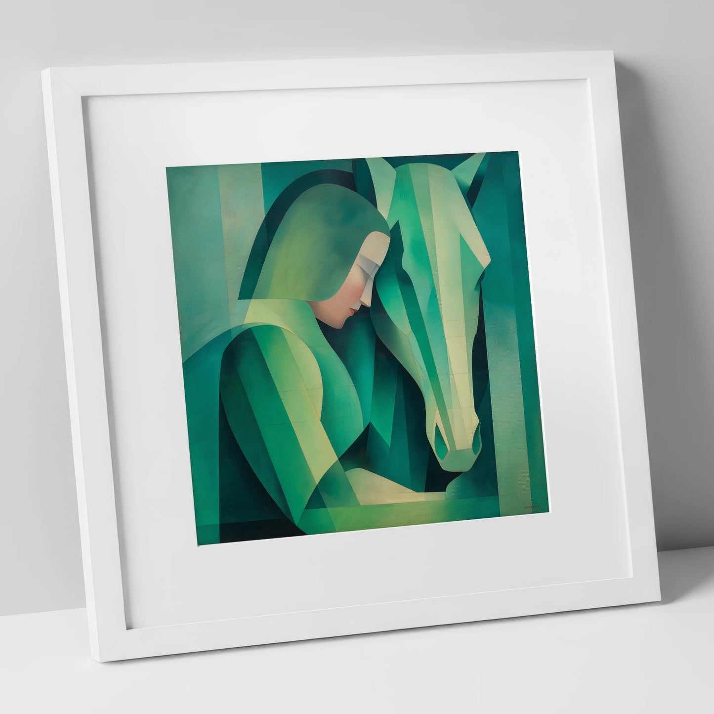 The Emerald Bond horse & rider art print in white frame