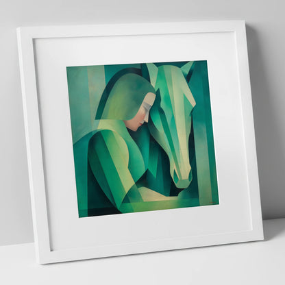 The Emerald Bond horse & rider art print in white frame