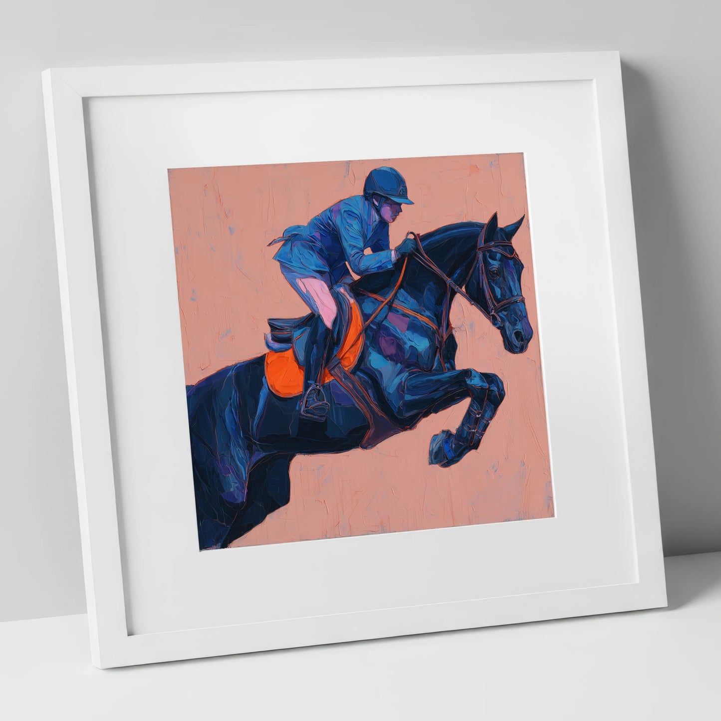 Indigo Ascending show jumping horse art print in white frame