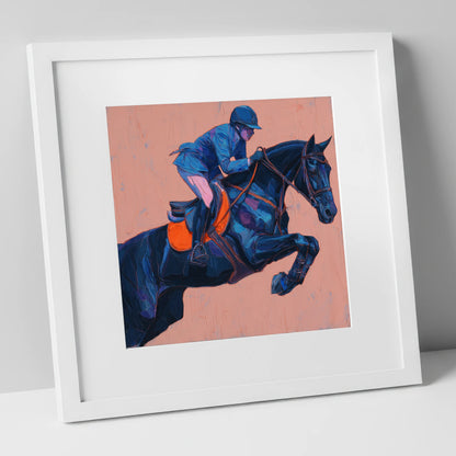 Indigo Ascending show jumping horse art print in white frame