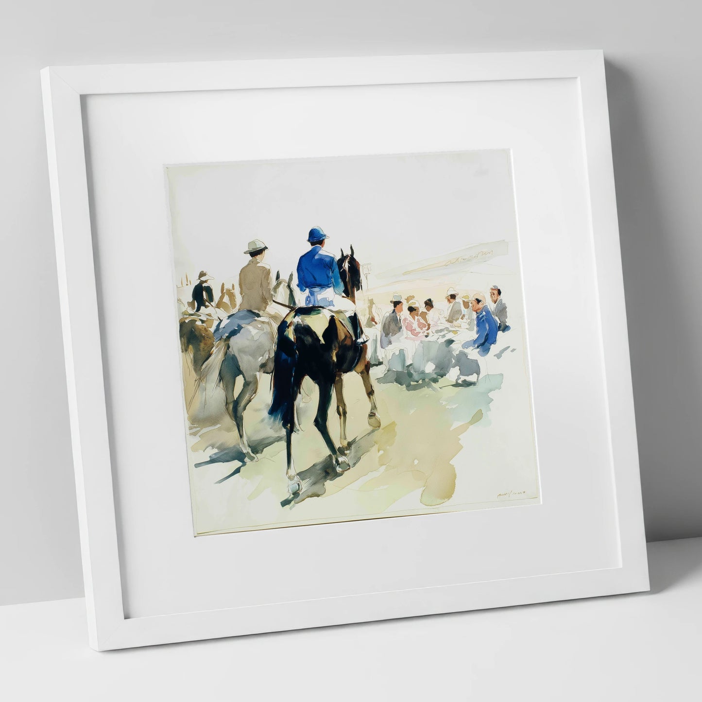 Heading to the Start racing horse art print in white frame