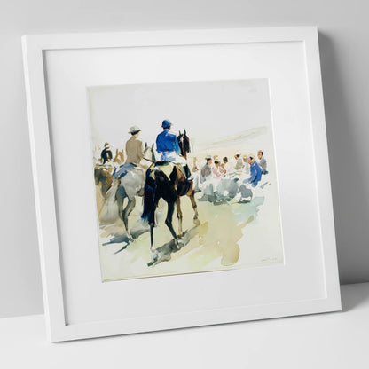 Heading to the Start racing horse art print in white frame
