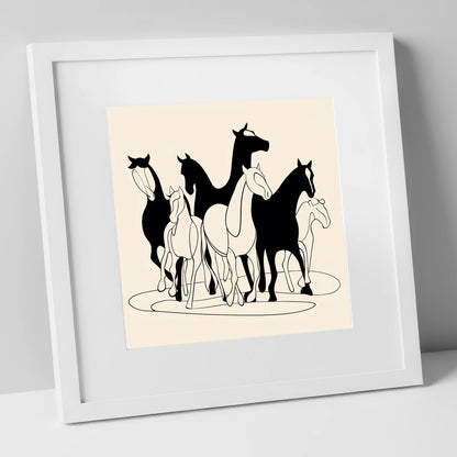Monochrome Herd Silhouettes wild horses art print in white frame
