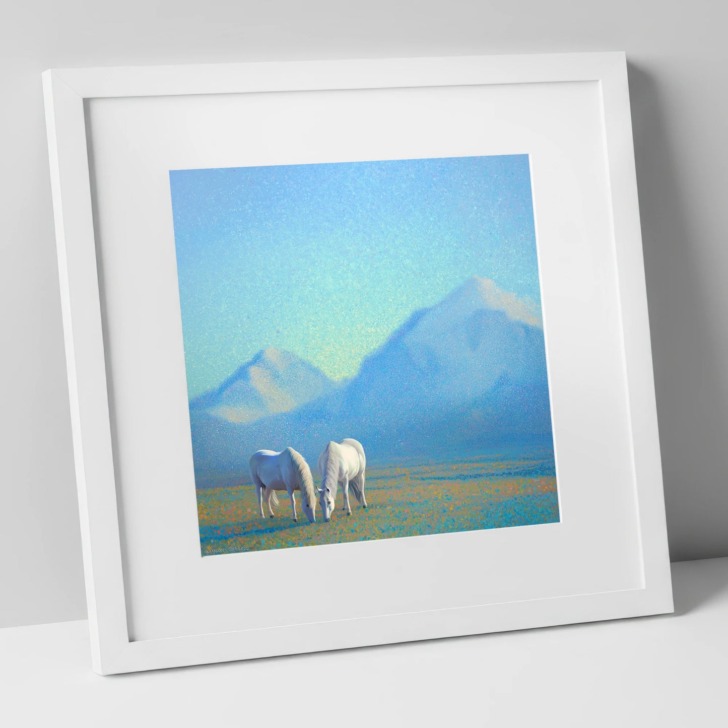 Luminous Mountain Pasture horse landscape art print in white frame
