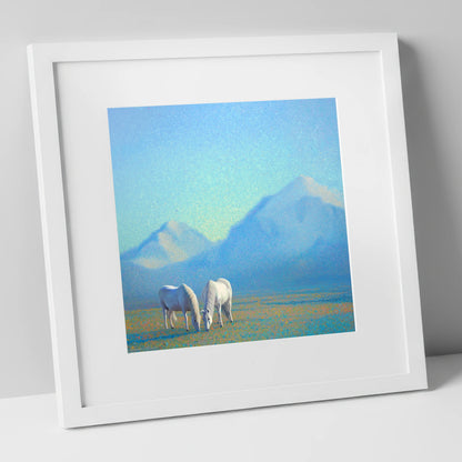 Luminous Mountain Pasture horse landscape art print in white frame