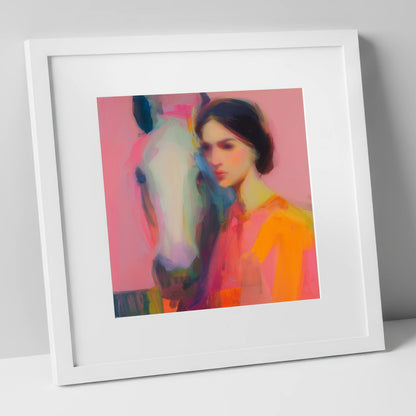 Vibrant Connection horse & rider art print in white frame