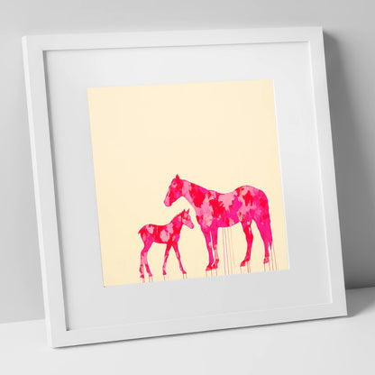 Magenta Mare and Foal mare & foal art print in white frame
