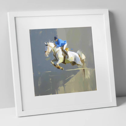 Suspension in Slate show jumping horse art print in white frame