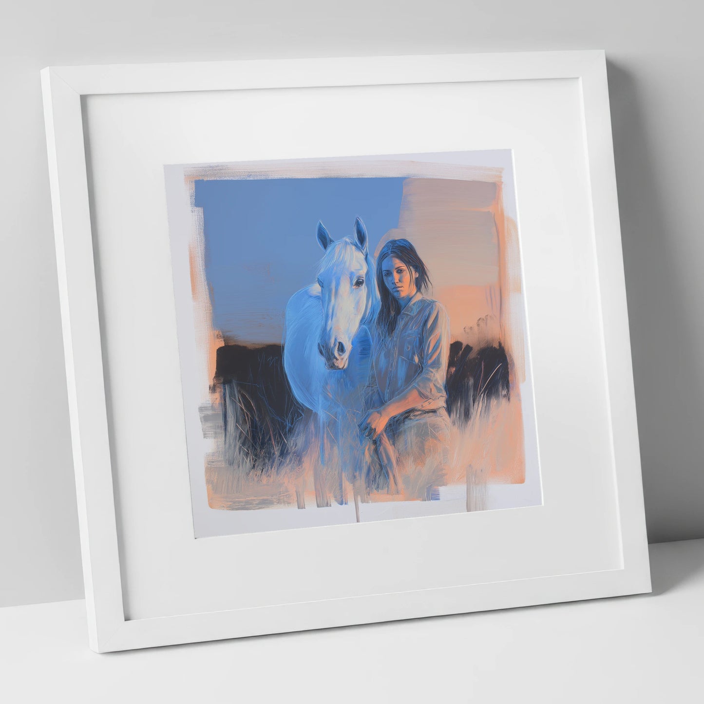 The Silent Connection horse & rider art print in white frame
