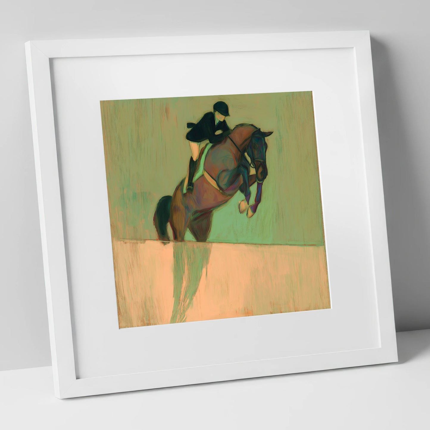 Suspension in Sage show jumping horse art print in white frame
