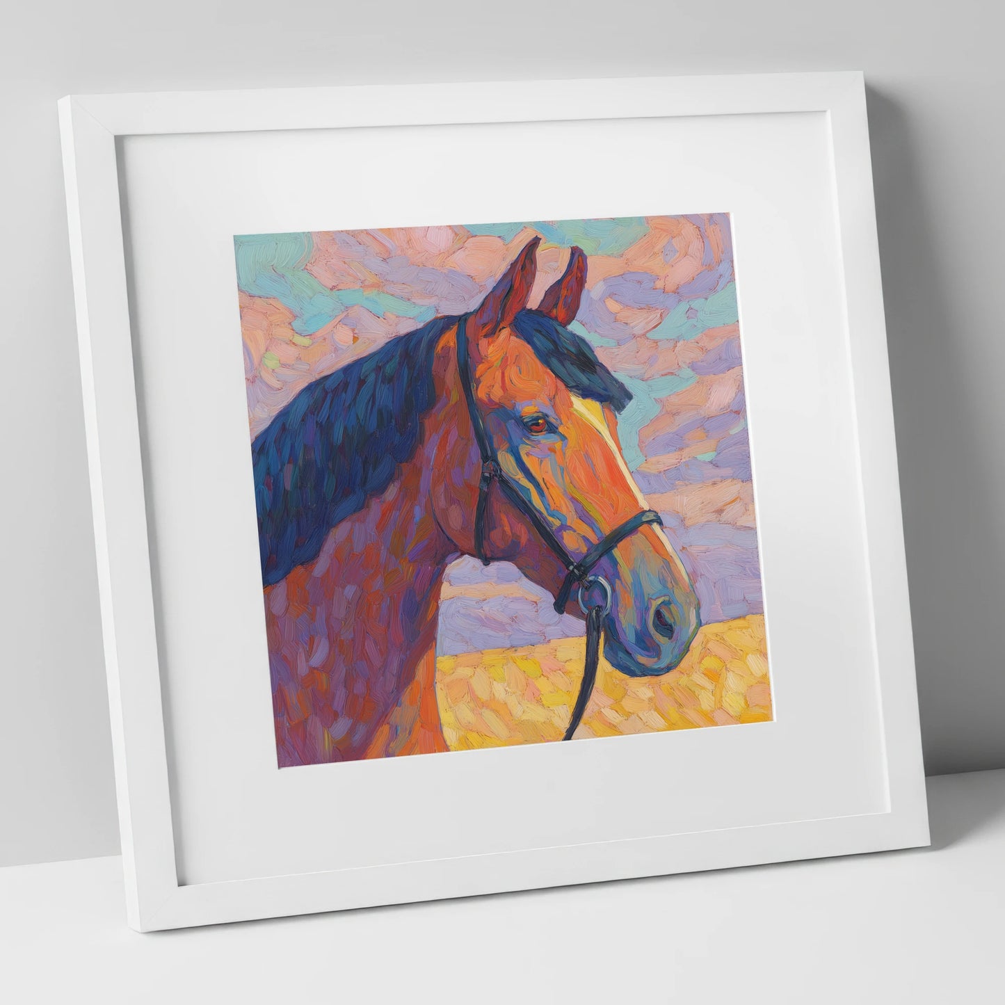 Painted Bay Profile horse portrait art print in white frame