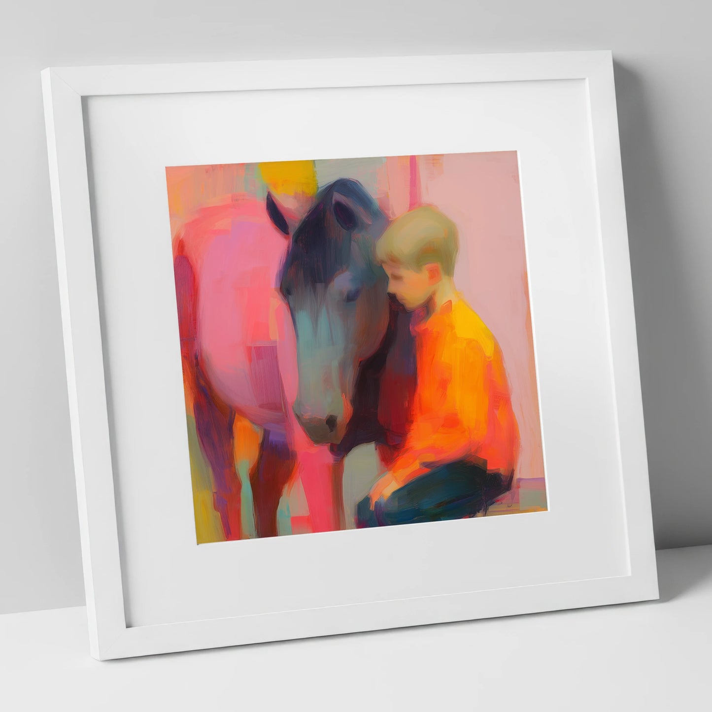 Vibrant Embrace horse & rider art print in white frame