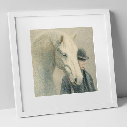 A Quiet Understanding horse & rider art print in white frame