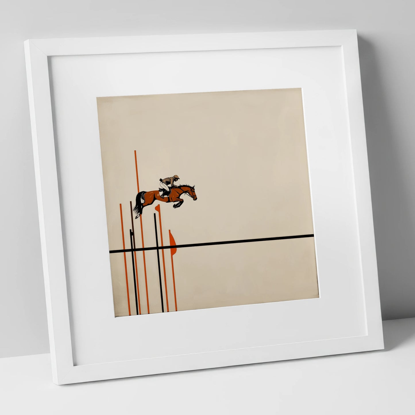 Minimalist Clearance show jumping horse art print in white frame