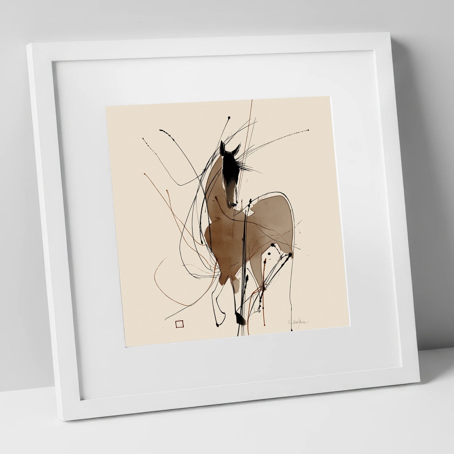 Dynamic Equine Silhouette horse portrait art print in white frame