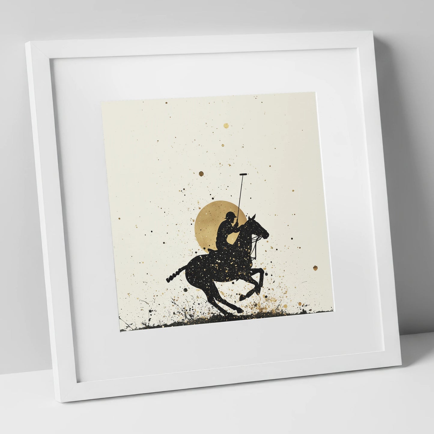 Golden Chukka Eclipse polo horse art print in white frame