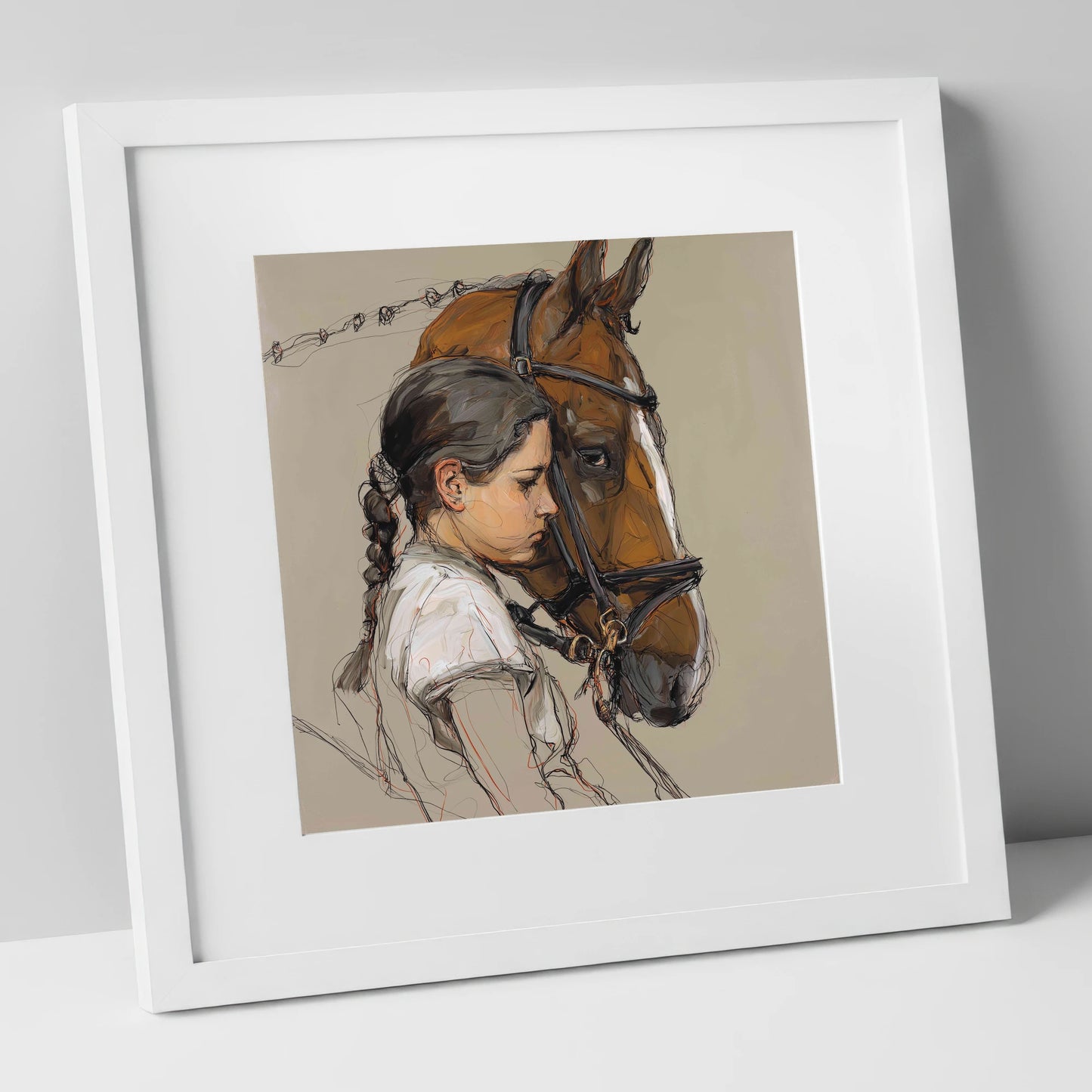 The Quiet Bond horse & rider art print in white frame