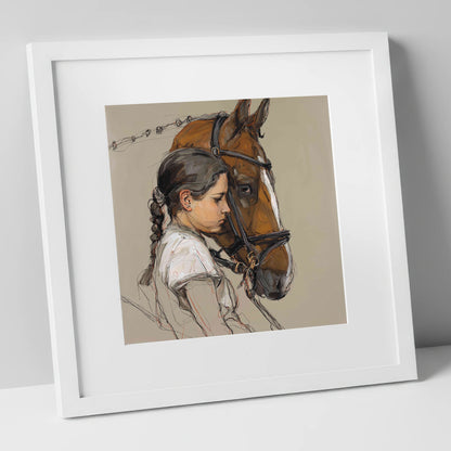 The Quiet Bond horse & rider art print in white frame