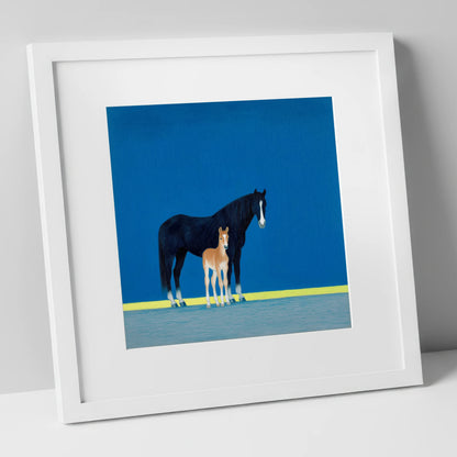 Azure Bond mare & foal art print in white frame