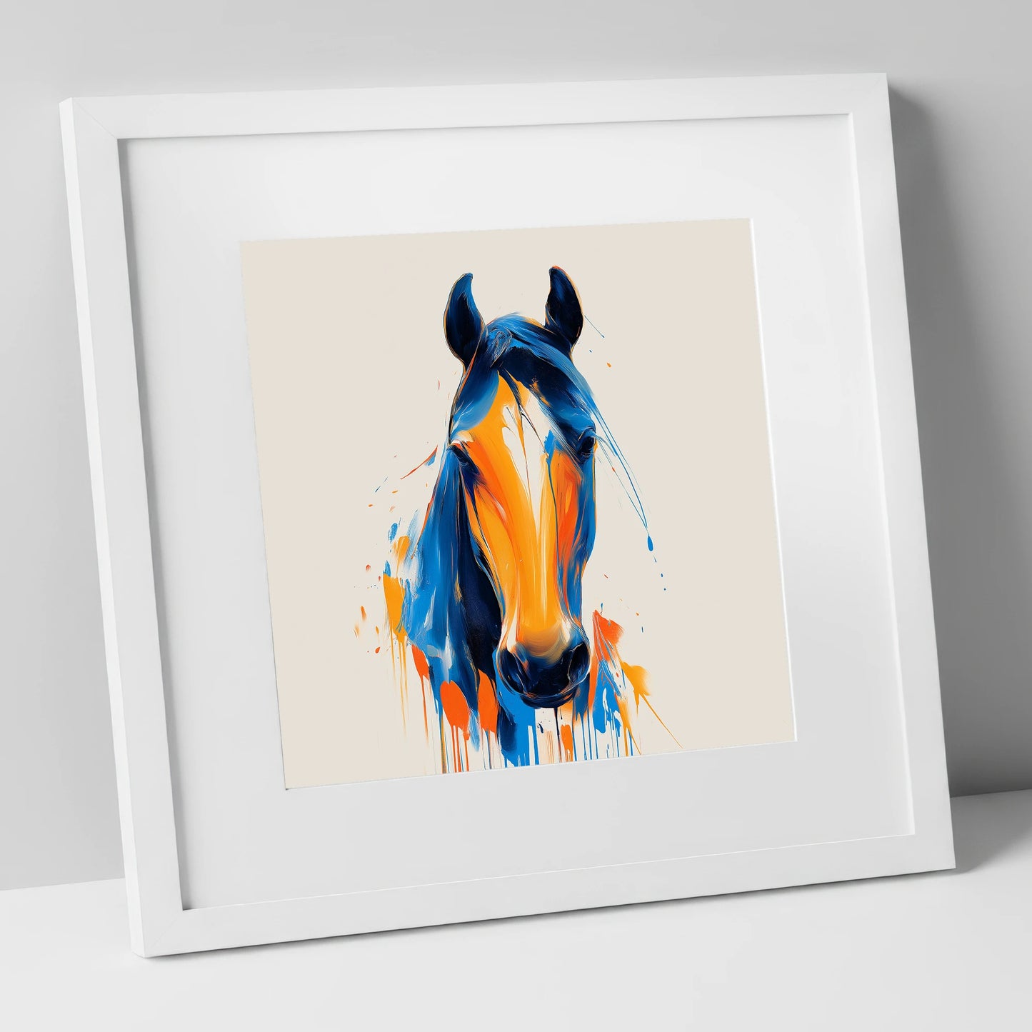 Cobalt and Sienna Spirit horse portrait art print in white frame