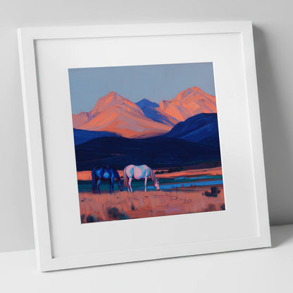 Dusk Mountain Pasture horse landscape art print in white frame