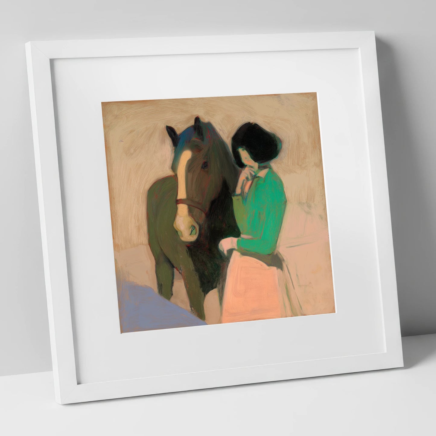 A Shared Silence horse & rider art print in white frame