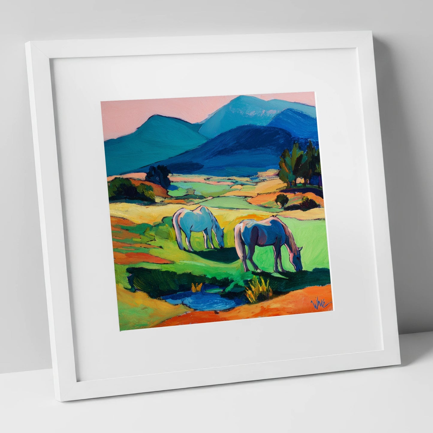 Painted Valley Grazing horse landscape art print in white frame