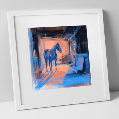 The Quiet Aisle horse stable art print in white frame