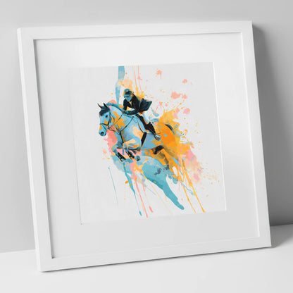 Airborne In Colour show jumping horse art print in white frame