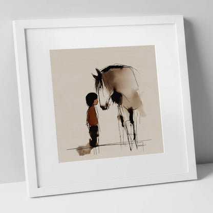 A Quiet Connection horse & rider art print in white frame