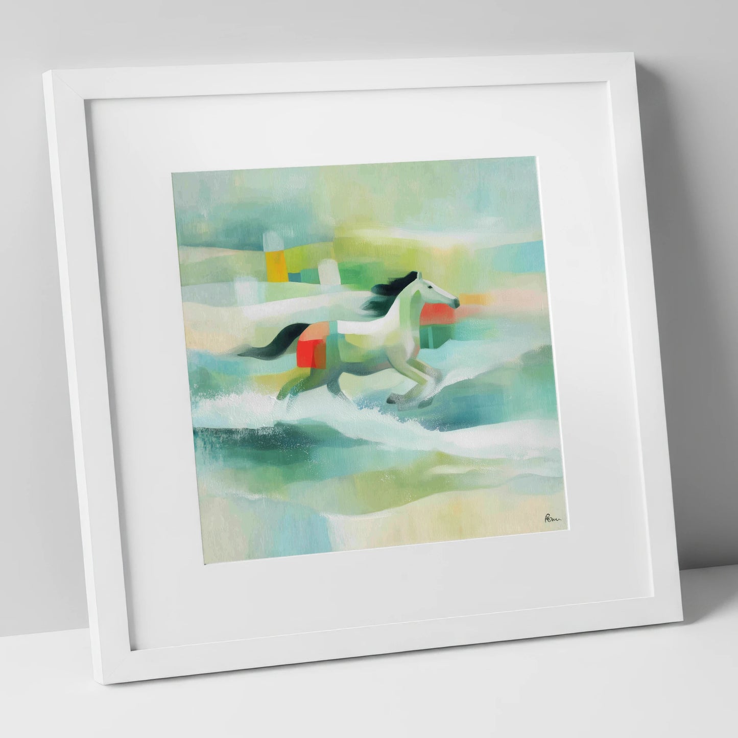 Modern Coastal Canter beach horse art print in white frame