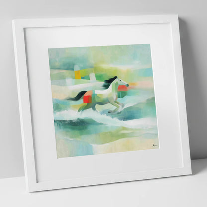 Modern Coastal Canter beach horse art print in white frame