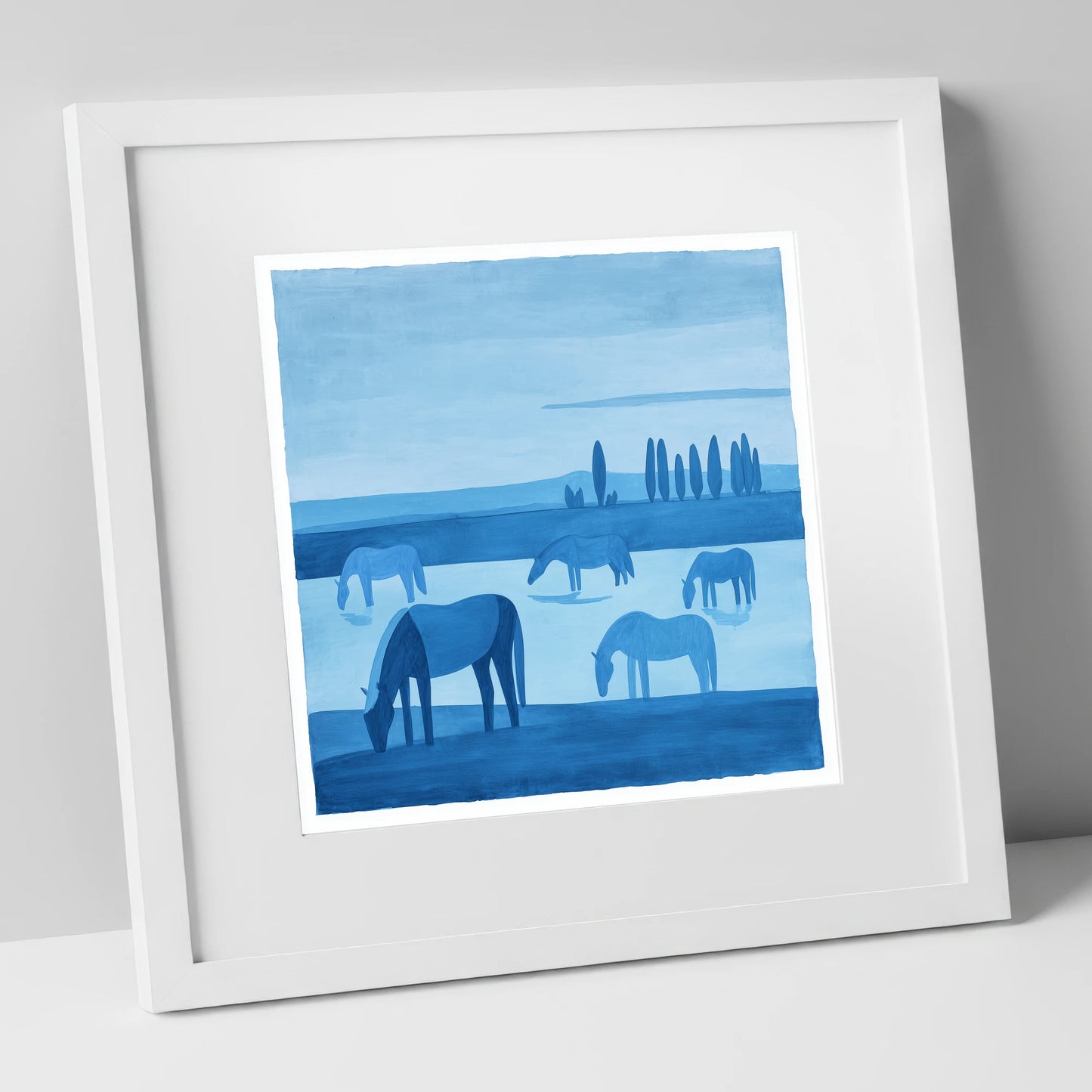 Azure Meadow Grazing horse landscape art print in white frame