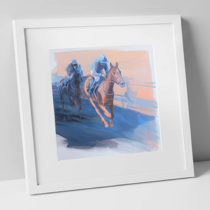 The Blue Furlong racing horse art print in white frame