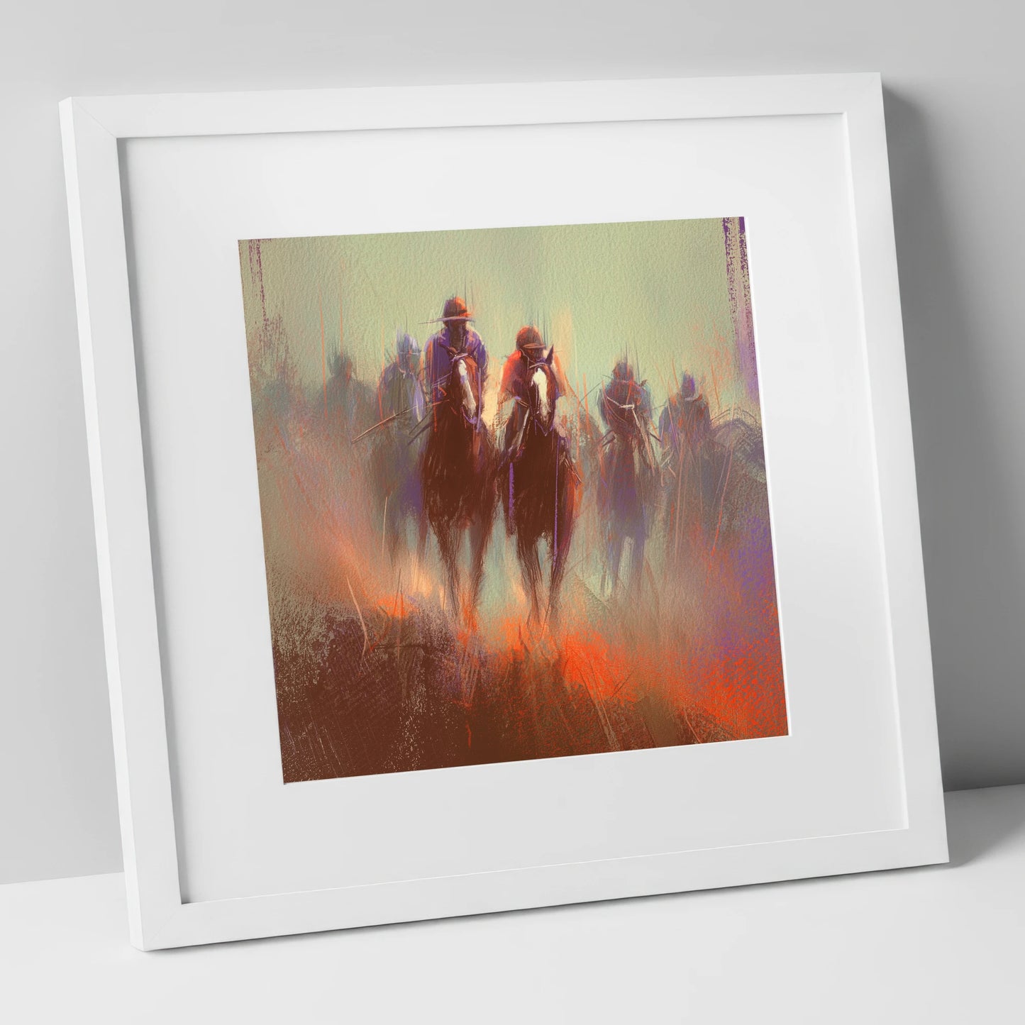 The Dawn Gallop racing horse art print in white frame