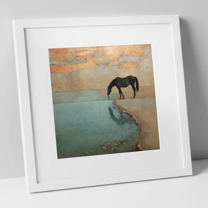 Golden Shores Reflection horse landscape art print in white frame