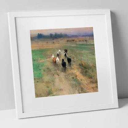 Heading for the Horizon wild horses art print in white frame