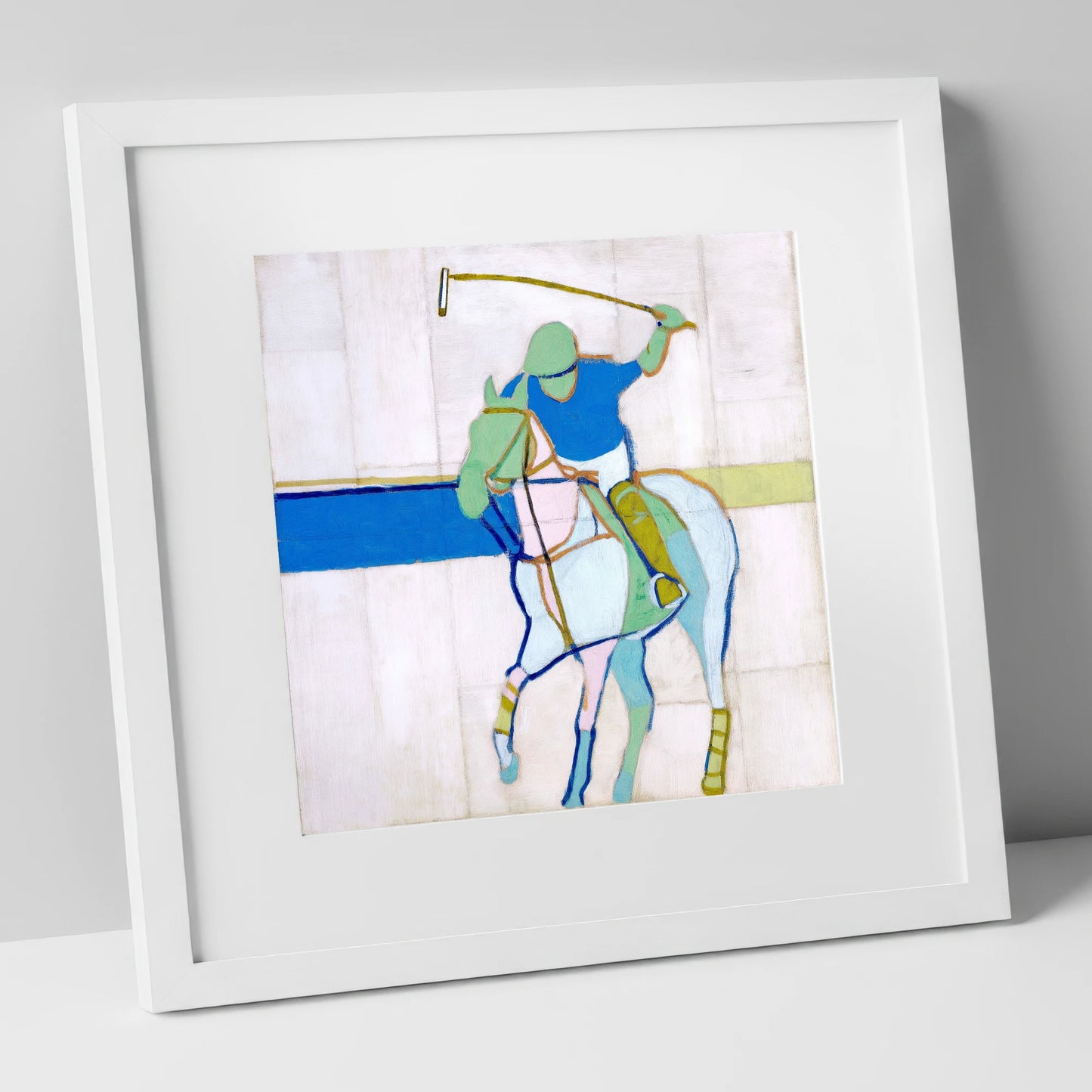 Mid-Swing Momentum polo horse art print in white frame