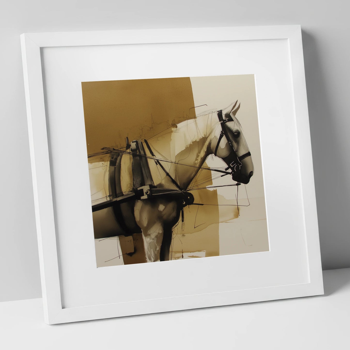 Sepia Harness Study working horse art print in white frame