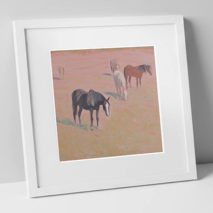 Dusky Rosa Pastures wild horses art print in white frame
