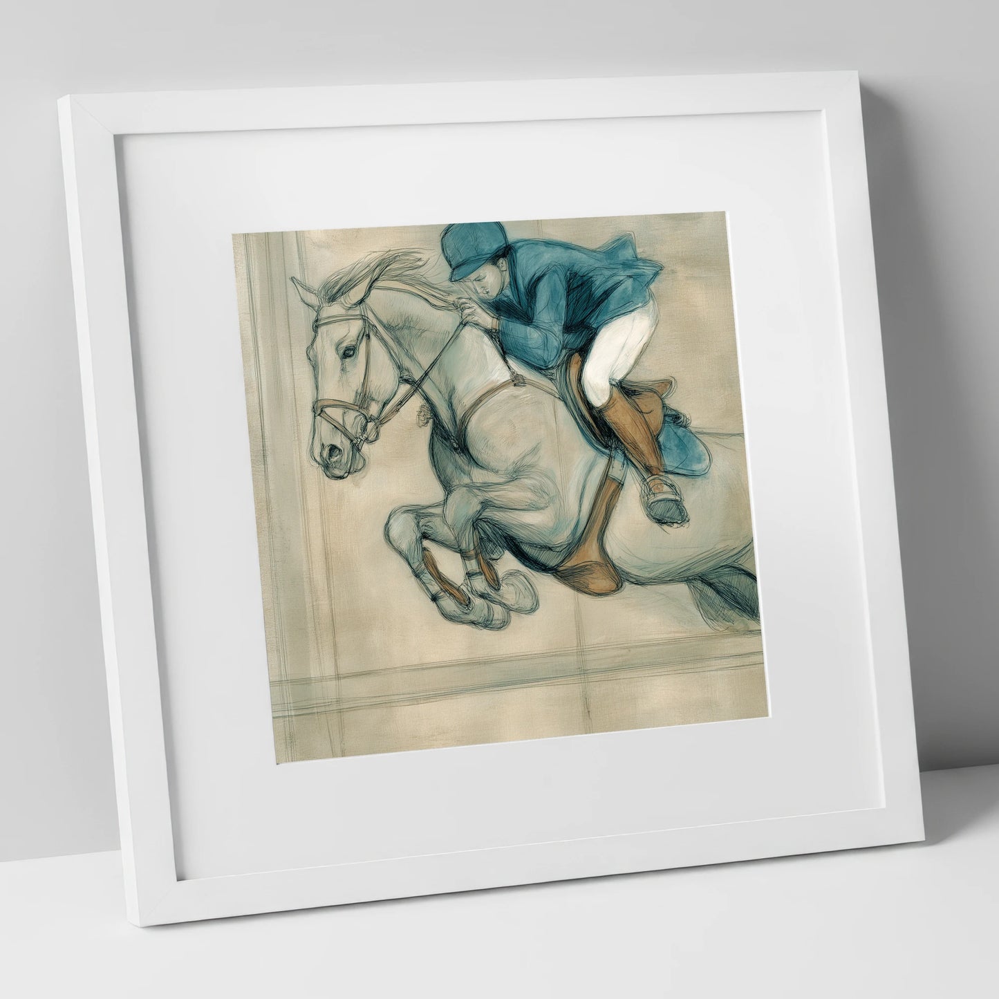 Suspended Flight show jumping horse art print in white frame