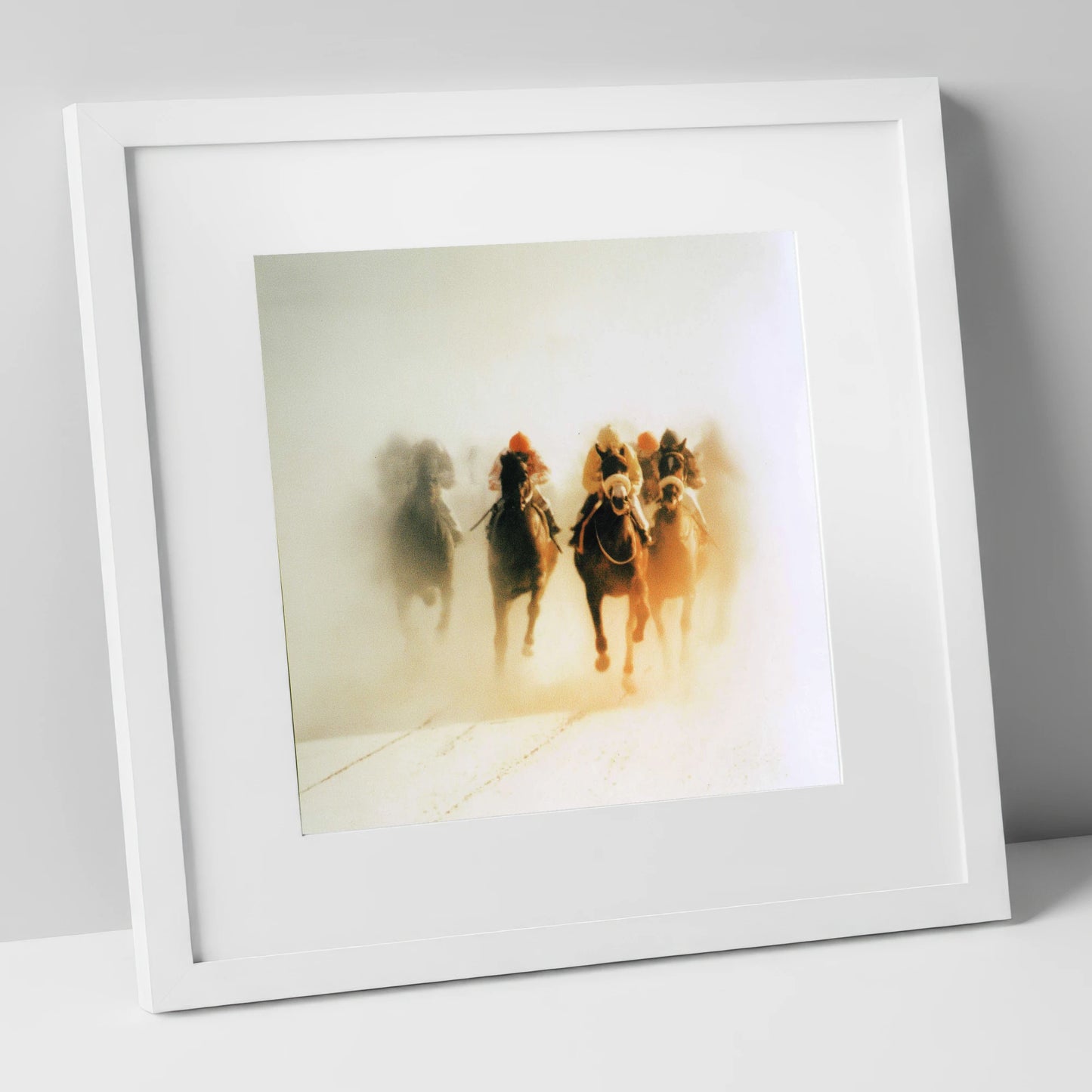 Emerging From The Mist racing horse art print in white frame