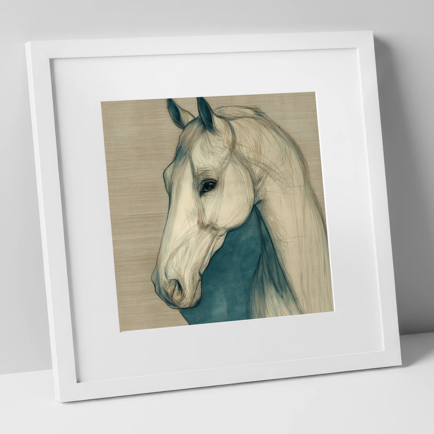 Serene Profile Sketch horse portrait art print in white frame