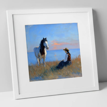 The Coastal Companion horse & rider art print in white frame