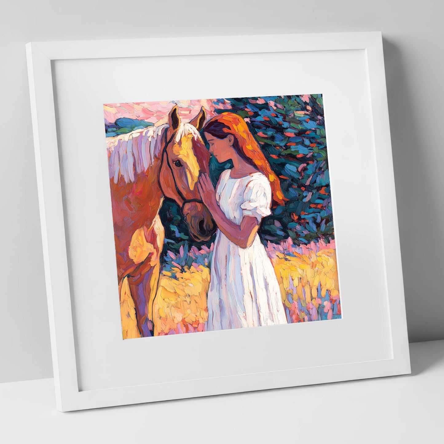 A Quiet Connection horse & rider art print in white frame