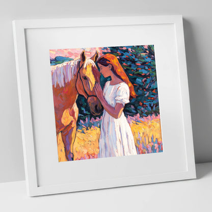 A Quiet Connection horse & rider art print in white frame